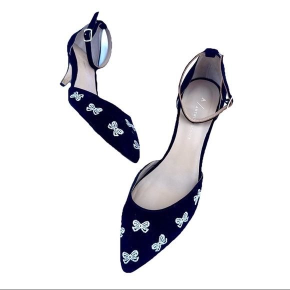 a new day Shoes - Anthropologie Black Velvet Embroidered Bow Kitten Heels Pumps Coquette Sz 9